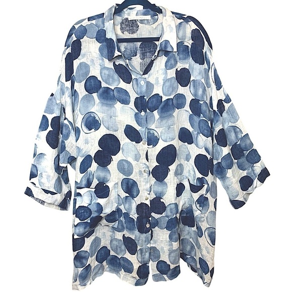 Ivy & Lace Tops - Ivy Lace Tunic Blouse Sz XL Blue White Gauzy Oversize Button Up Lagenlook Top